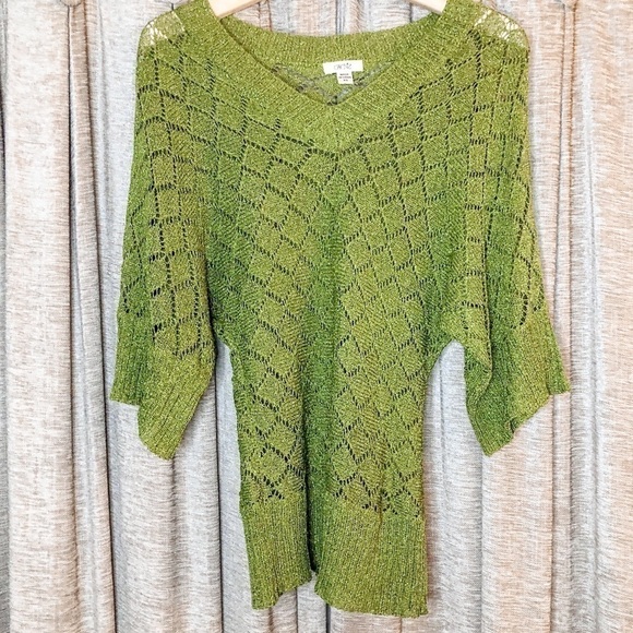Cache Green Metallic Dolman Sleeve Open Crochet Knit Banded Bottom Top Size XS - Picture 1 of 10